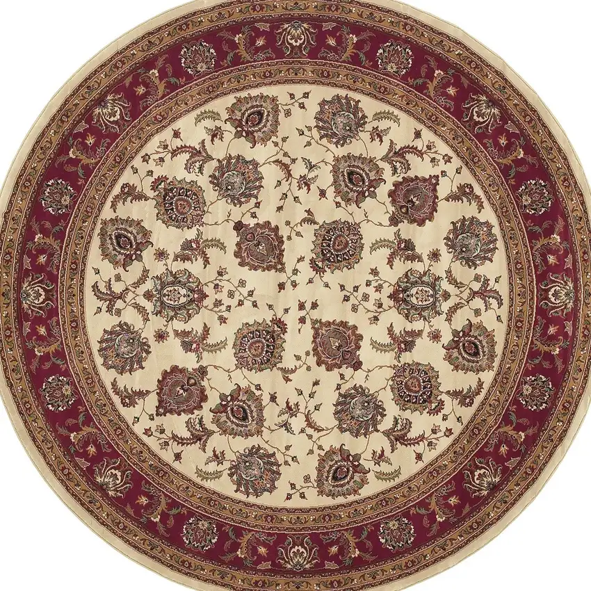6' Ivory And Red Oriental Round Rug Photo 5
