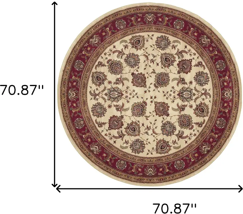 6' Ivory And Red Oriental Round Rug Photo 3