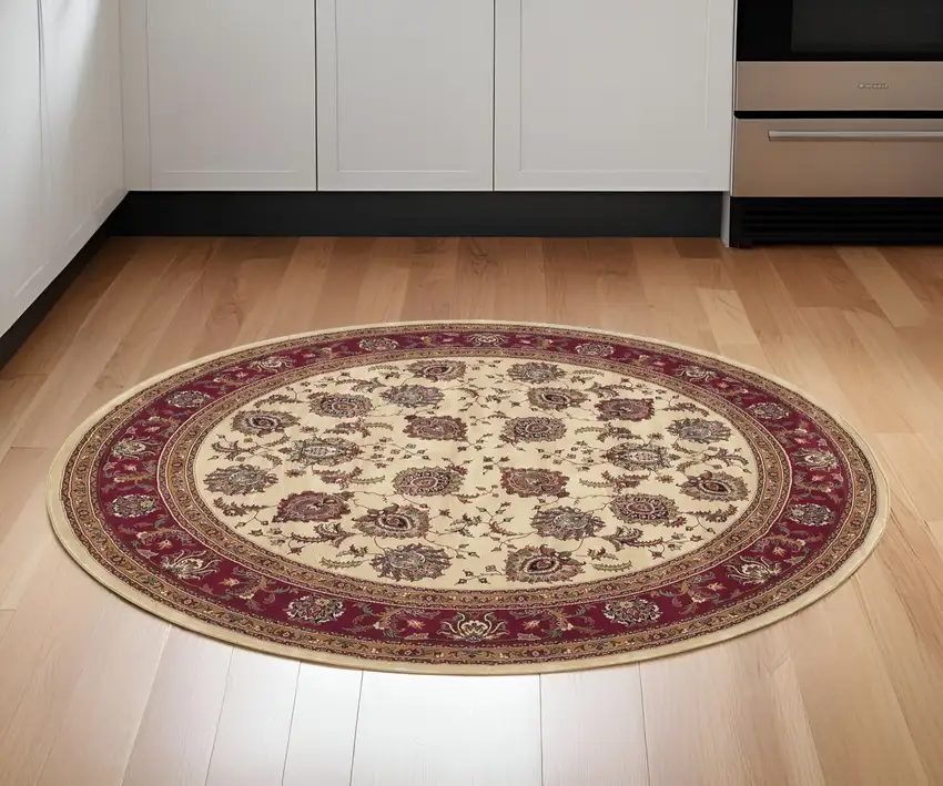 6' Ivory And Red Oriental Round Rug Photo 1