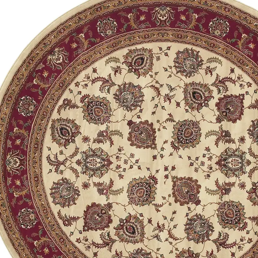 8' Ivory And Red Oriental Round Rug Photo 4