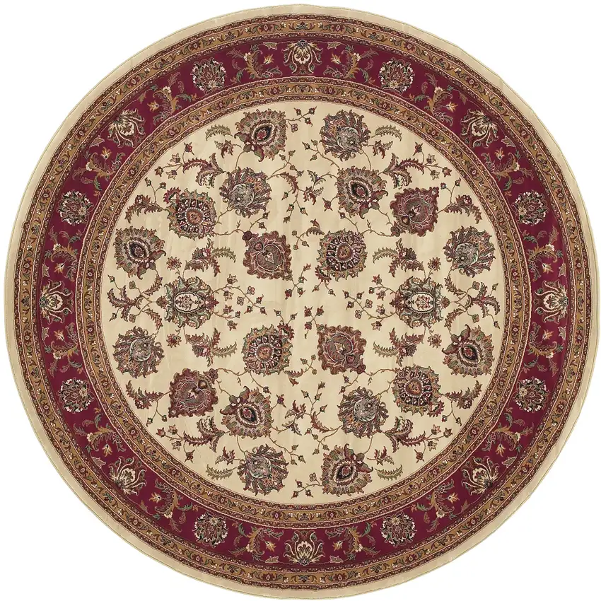 8' Ivory And Red Oriental Round Rug Photo 2