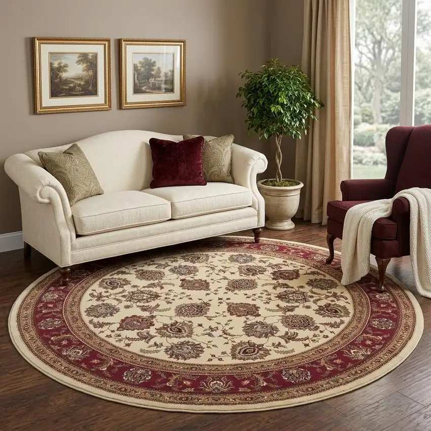 8' Ivory And Red Oriental Round Rug Photo 1