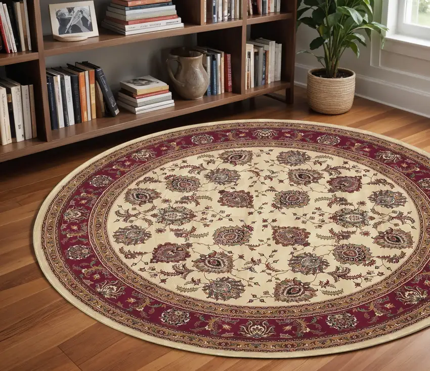 8' Ivory And Red Oriental Round Rug Photo 1