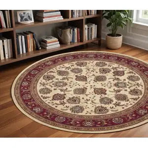 Photo of 8' Ivory And Red Oriental Round Rug