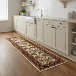 Photo of 8' Ivory And Red Oriental Runner Rug