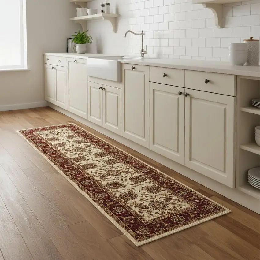 8' Ivory And Red Oriental Runner Rug Photo 1