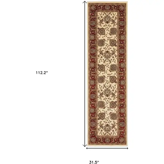 9' Ivory And Red Oriental Runner Rug Photo 5