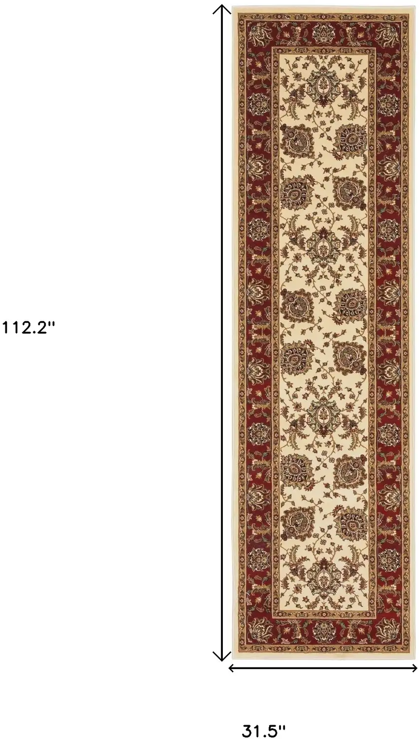 9' Ivory And Red Oriental Runner Rug Photo 5