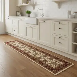 Photo of 9' Ivory And Red Oriental Runner Rug