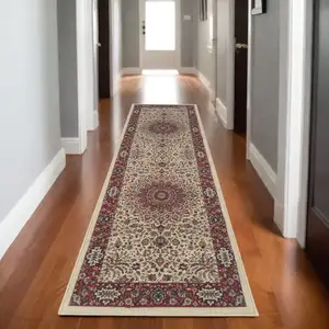 Photo of 8' Ivory And Red Oriental Runner Rug