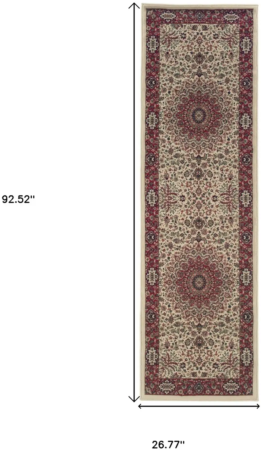 8' Ivory And Red Oriental Runner Rug Photo 3
