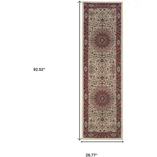 8' Ivory And Red Oriental Runner Rug Photo 3