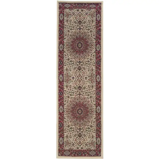 9' Ivory And Red Oriental Runner Rug Photo 2