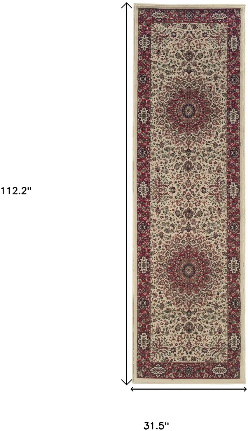 9' Ivory And Red Oriental Runner Rug Photo 3