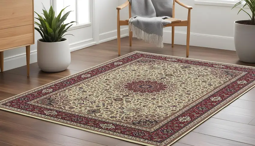 8' Ivory And Red Oriental Square Rug Photo 1
