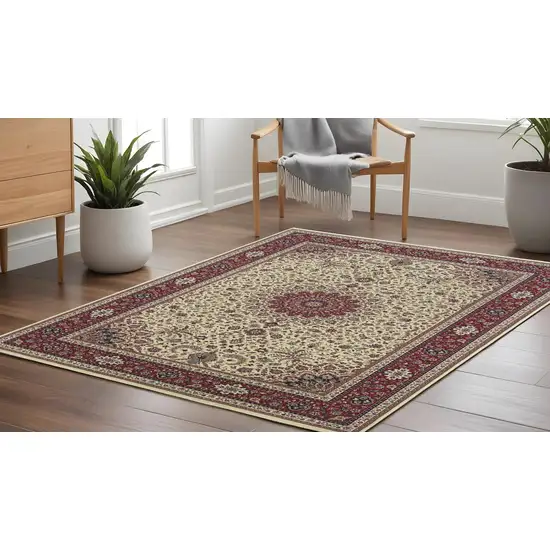 8' Ivory And Red Oriental Square Rug Photo 1