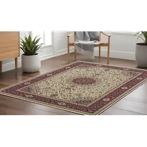 Photo of 8' Ivory And Red Oriental Square Rug
