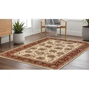 Photo of 8' Ivory And Red Oriental Square Rug