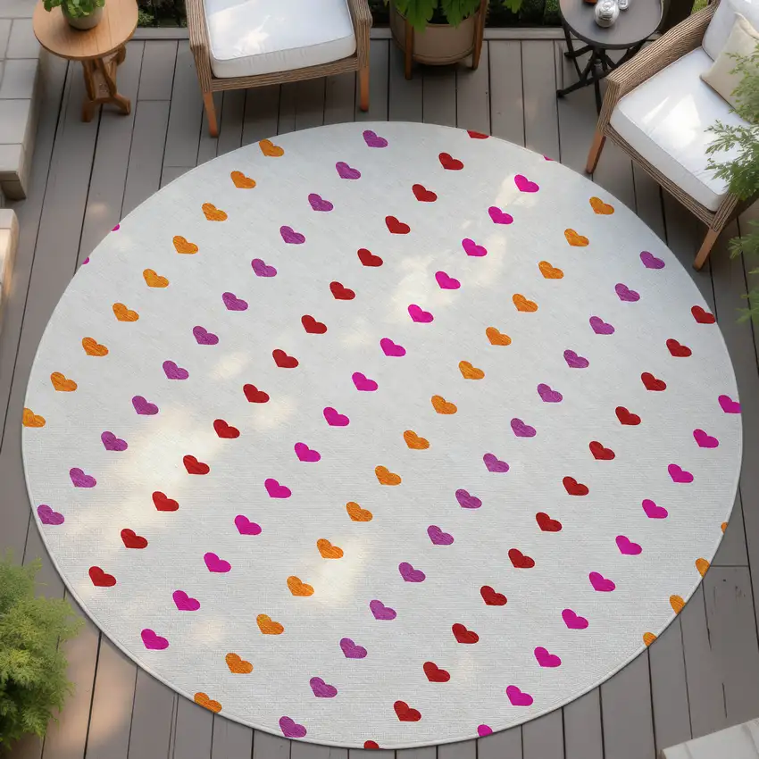 8' Ivory And Red Round Geometric Washable Indoor Outdoor Area Rug Photo 4