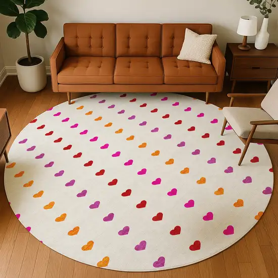8' Ivory And Red Round Geometric Washable Indoor Outdoor Area Rug Photo 5
