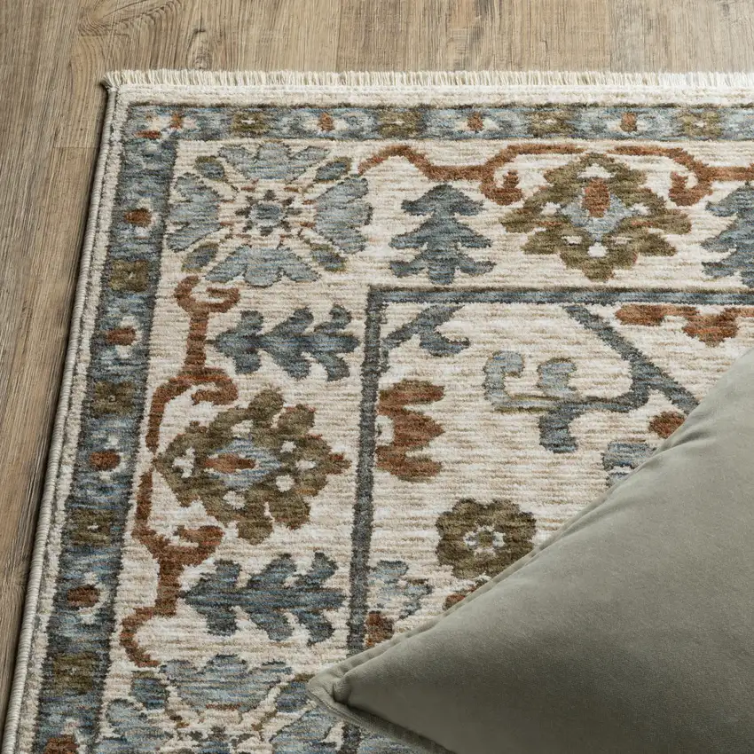 8' Ivory And Rust Floral Runner Rug With Fringe Photo 9