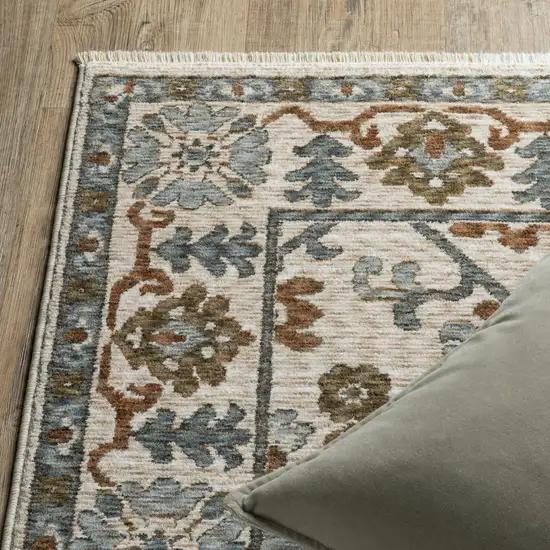8' Ivory And Rust Floral Runner Rug With Fringe Photo 9
