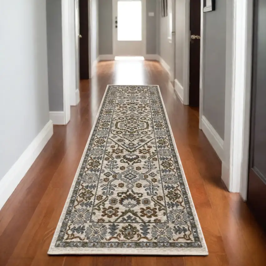 8' Ivory And Rust Floral Runner Rug With Fringe Photo 1