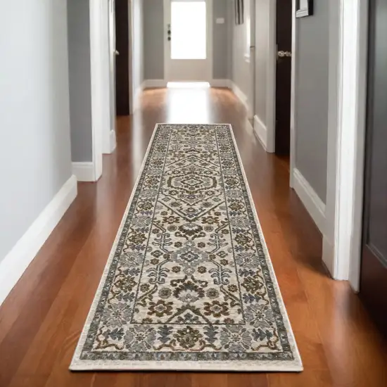 8' Ivory And Rust Floral Runner Rug With Fringe Photo 1