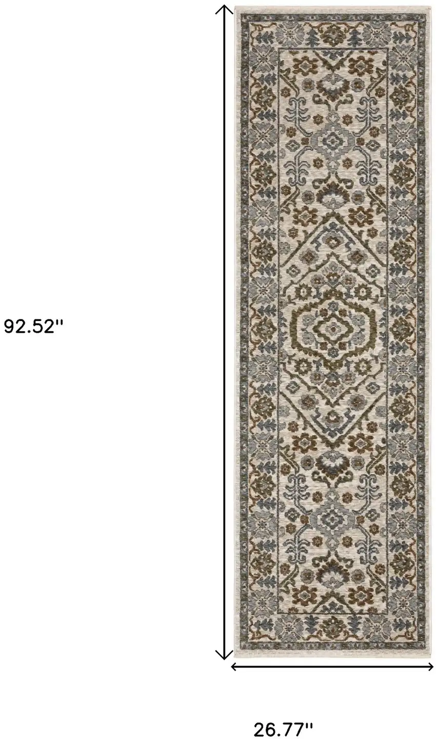 8' Ivory And Rust Floral Runner Rug With Fringe Photo 3