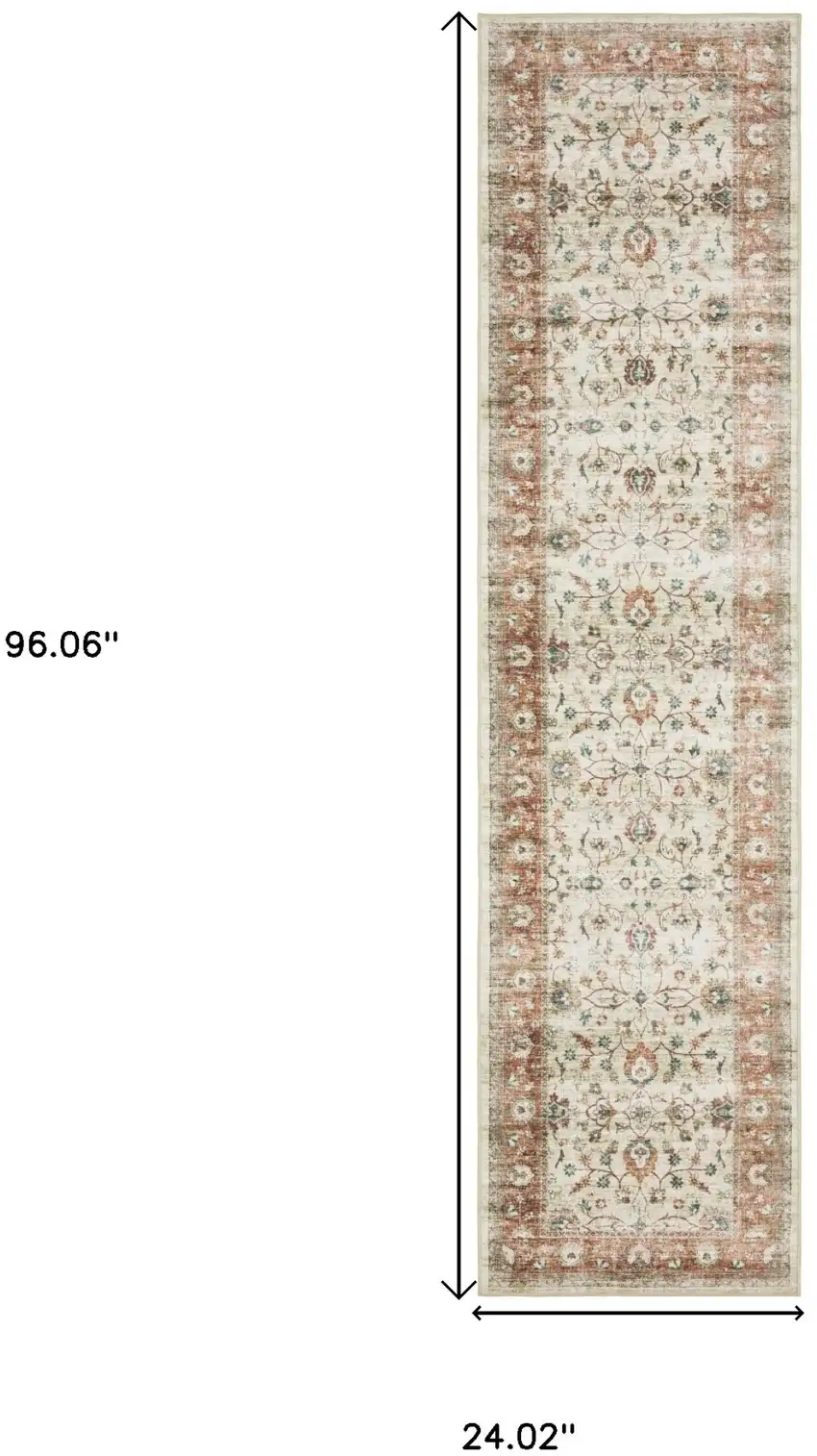 8' Ivory And Rust Oriental Distressed Runner Rug Photo 3