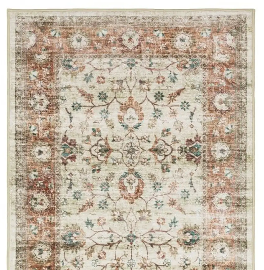 8' Ivory And Rust Oriental Distressed Runner Rug Photo 6