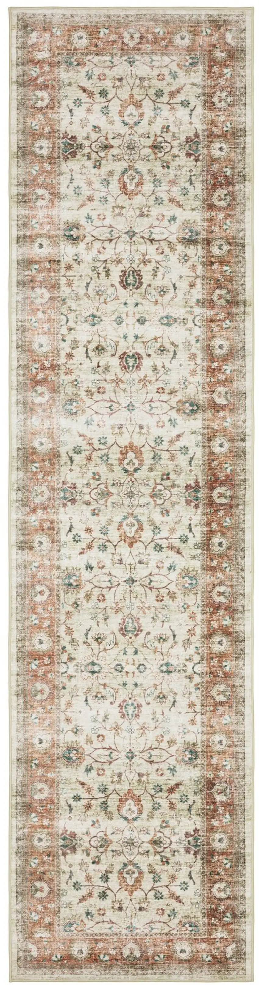 8' Ivory And Rust Oriental Distressed Runner Rug Photo 7