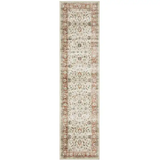8' Ivory And Rust Oriental Distressed Runner Rug Photo 2