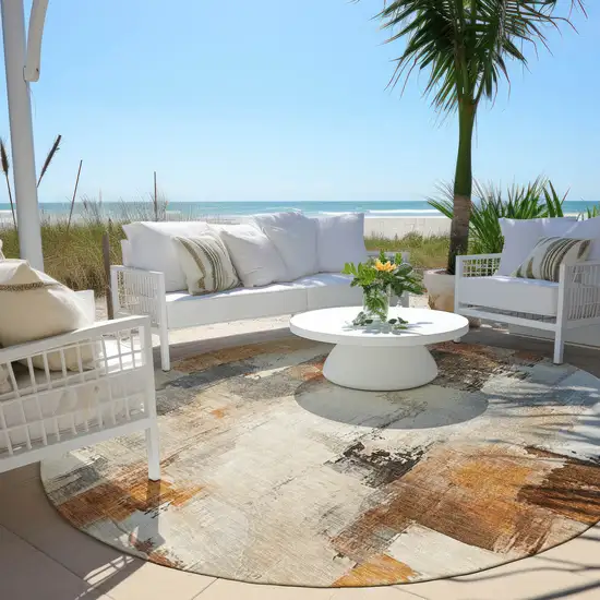 8' Ivory And Rust Round Abstract Washable Indoor Outdoor Area Rug Photo 6
