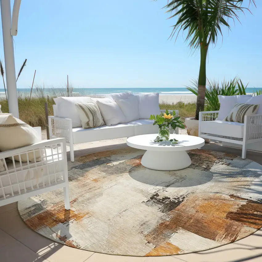 8' Ivory And Rust Round Abstract Washable Indoor Outdoor Area Rug Photo 6