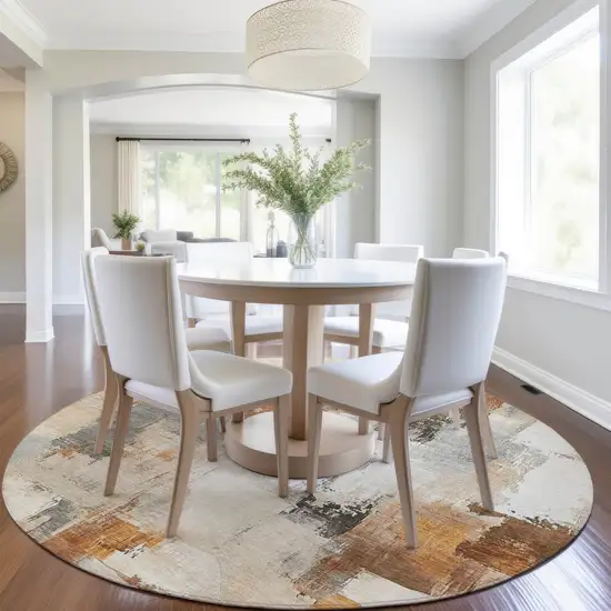 8' Ivory And Rust Round Abstract Washable Indoor Outdoor Area Rug Photo 7