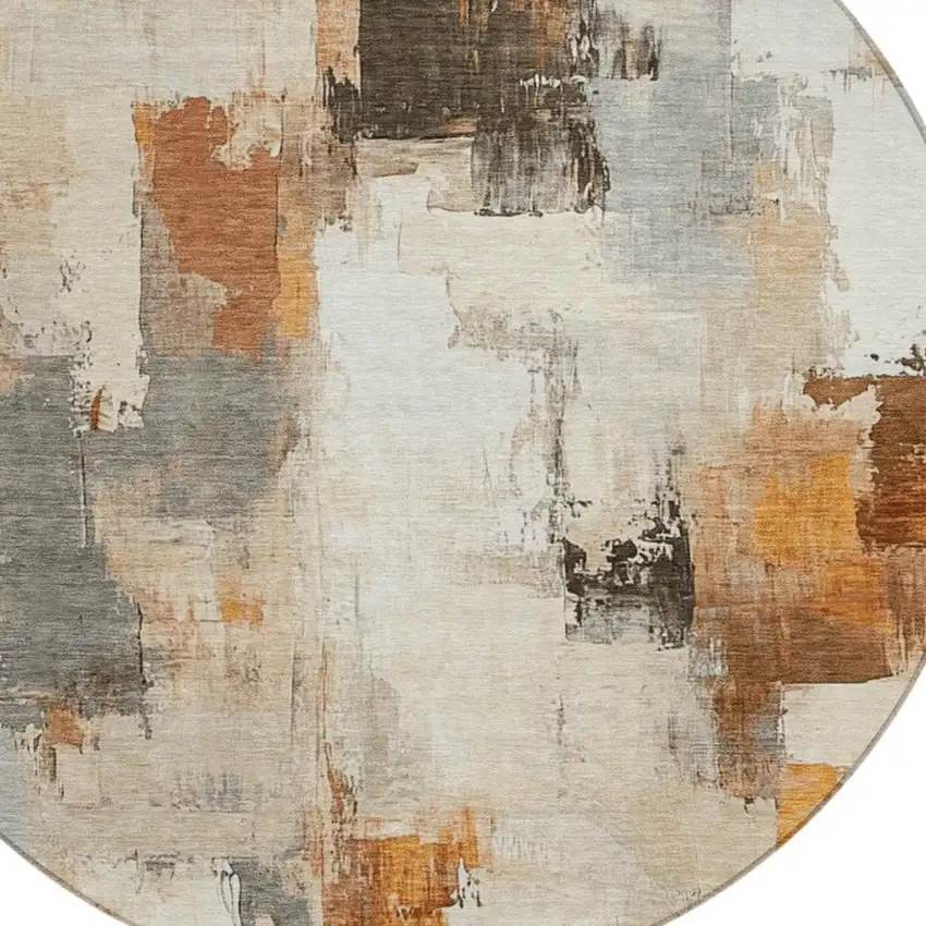 8' Ivory And Rust Round Abstract Washable Indoor Outdoor Area Rug Photo 9