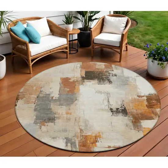 8' Ivory And Rust Round Abstract Washable Indoor Outdoor Area Rug Photo 2