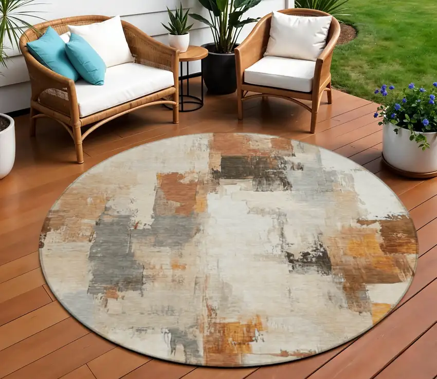 8' Ivory And Rust Round Abstract Washable Indoor Outdoor Area Rug Photo 2