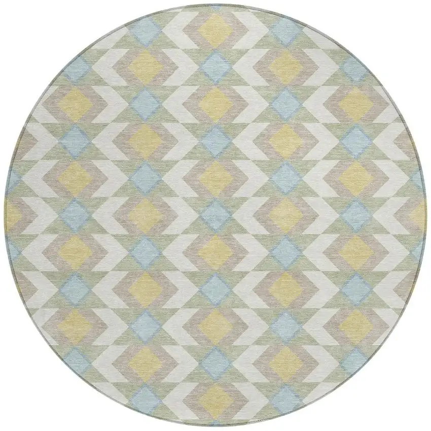 8' Ivory And Saffron Round Geometric Washable Indoor Outdoor Area Rug Photo 4