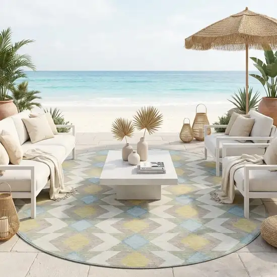 8' Ivory And Saffron Round Geometric Washable Indoor Outdoor Area Rug Photo 1