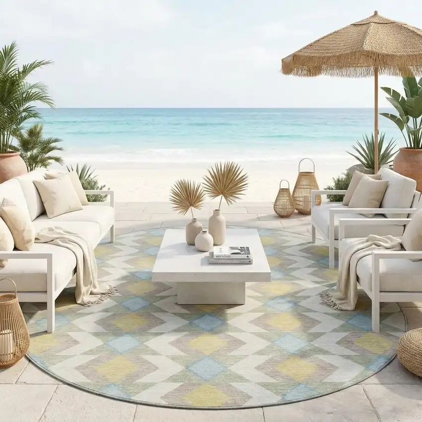 8' Ivory And Saffron Round Geometric Washable Indoor Outdoor Area Rug Photo 1
