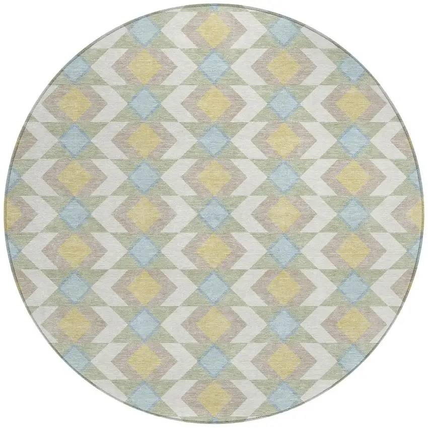 8' Ivory And Saffron Round Geometric Washable Indoor Outdoor Area Rug Photo 3