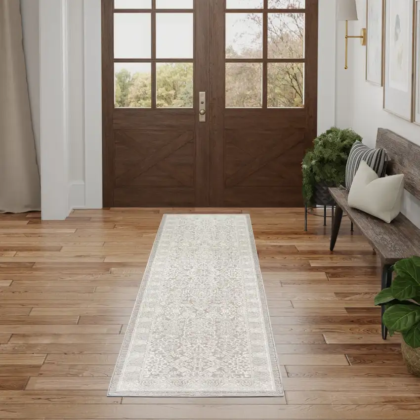 8' Ivory And Silver Floral Distressed Non Skid Runner Rug Photo 4