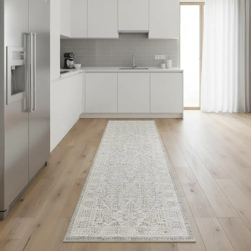 8' Ivory And Silver Floral Distressed Non Skid Runner Rug Photo 1