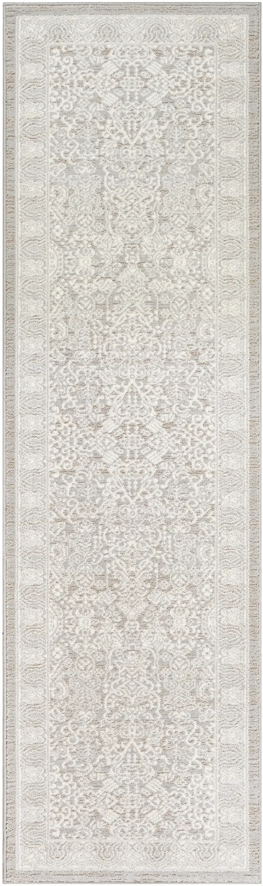 8' Ivory And Silver Floral Distressed Non Skid Runner Rug Photo 2
