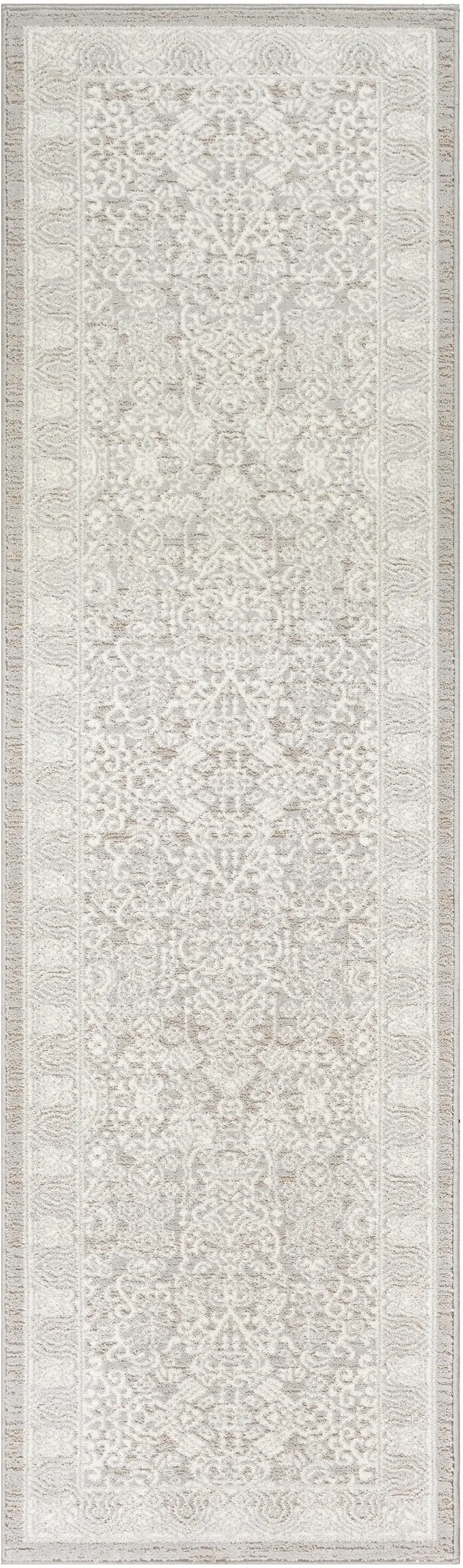 8' Ivory And Silver Floral Distressed Non Skid Runner Rug Photo 9