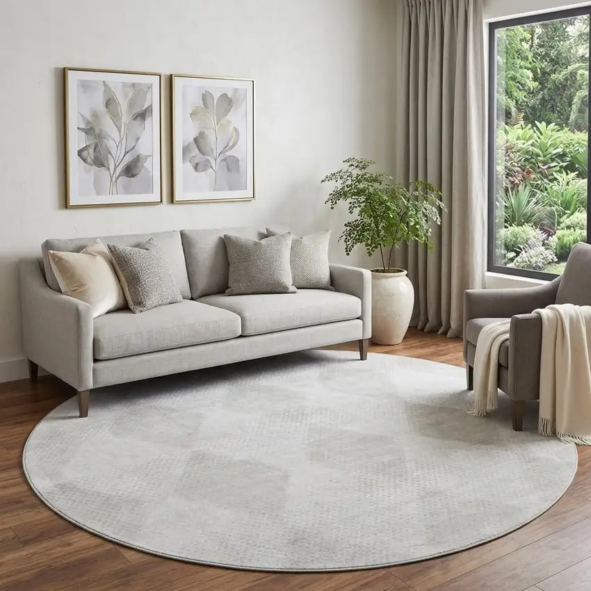 8' Ivory And Silver Geometric Washable Round Rug With UV Protection Photo 1