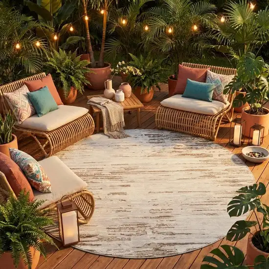 8' Ivory And Silver Round Abstract Washable Indoor Outdoor Area Rug Photo 1