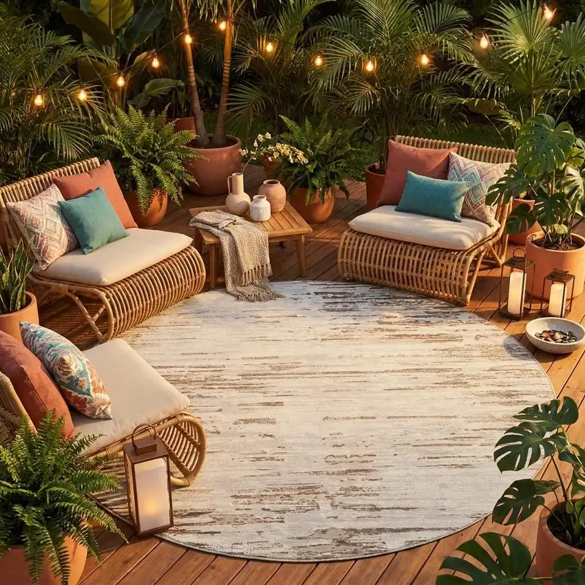 8' Ivory And Silver Round Abstract Washable Indoor Outdoor Area Rug Photo 1